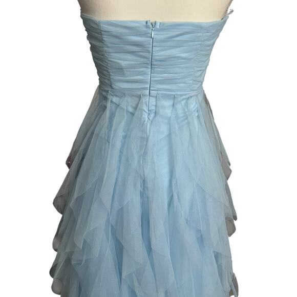 LULUS Delightful Beauty Blue Mesh Strapless Ruched Ruffled Maxi Dress-Size S - Picture 7 of 9